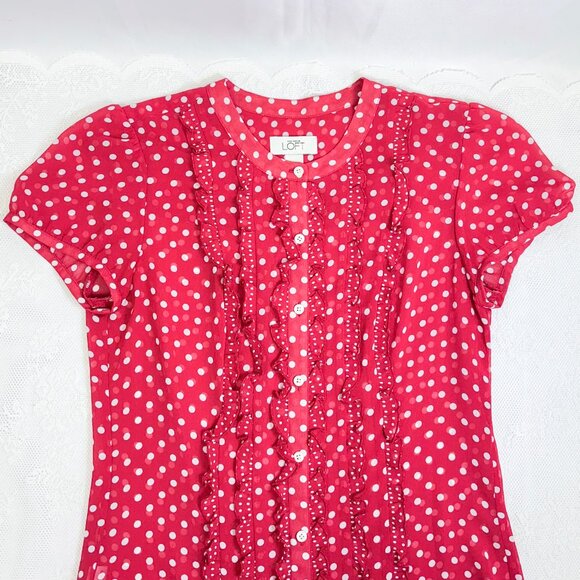 Ann Taylor LOFT Flirty Blouse Polkadot Red Business Casual Button Down Lady Bug - Picture 3 of 9
